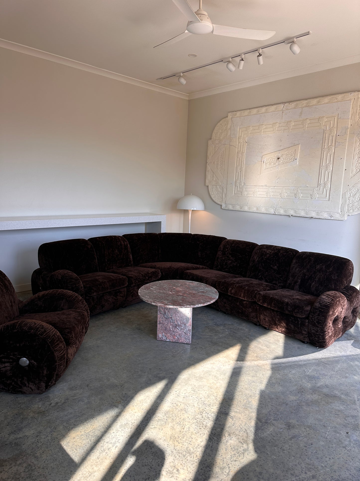 Italian Mid Century Vintage Chocolate Velvet Lounge Suite + Armchair