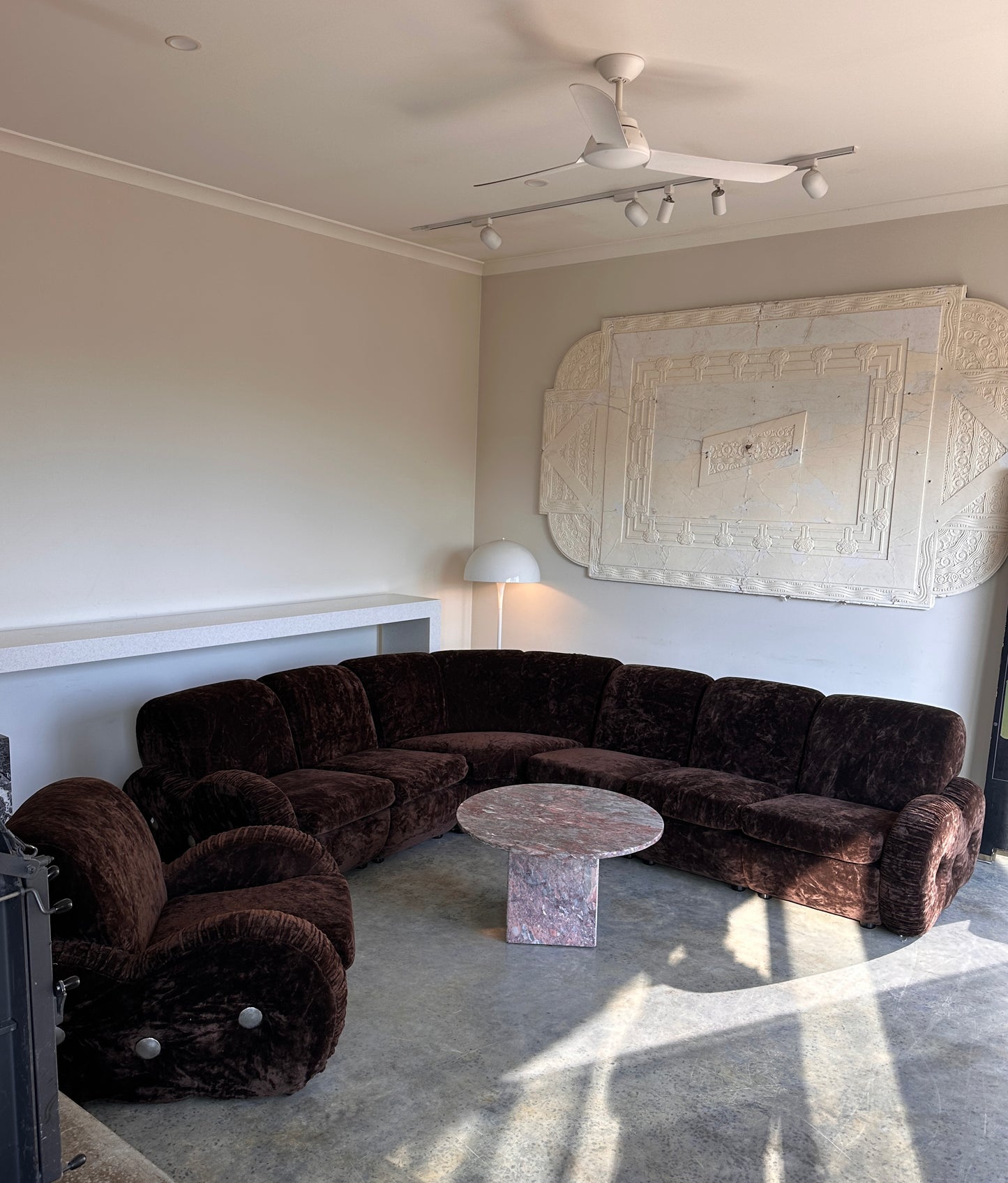 Italian Mid Century Vintage Chocolate Velvet Lounge Suite + Armchair