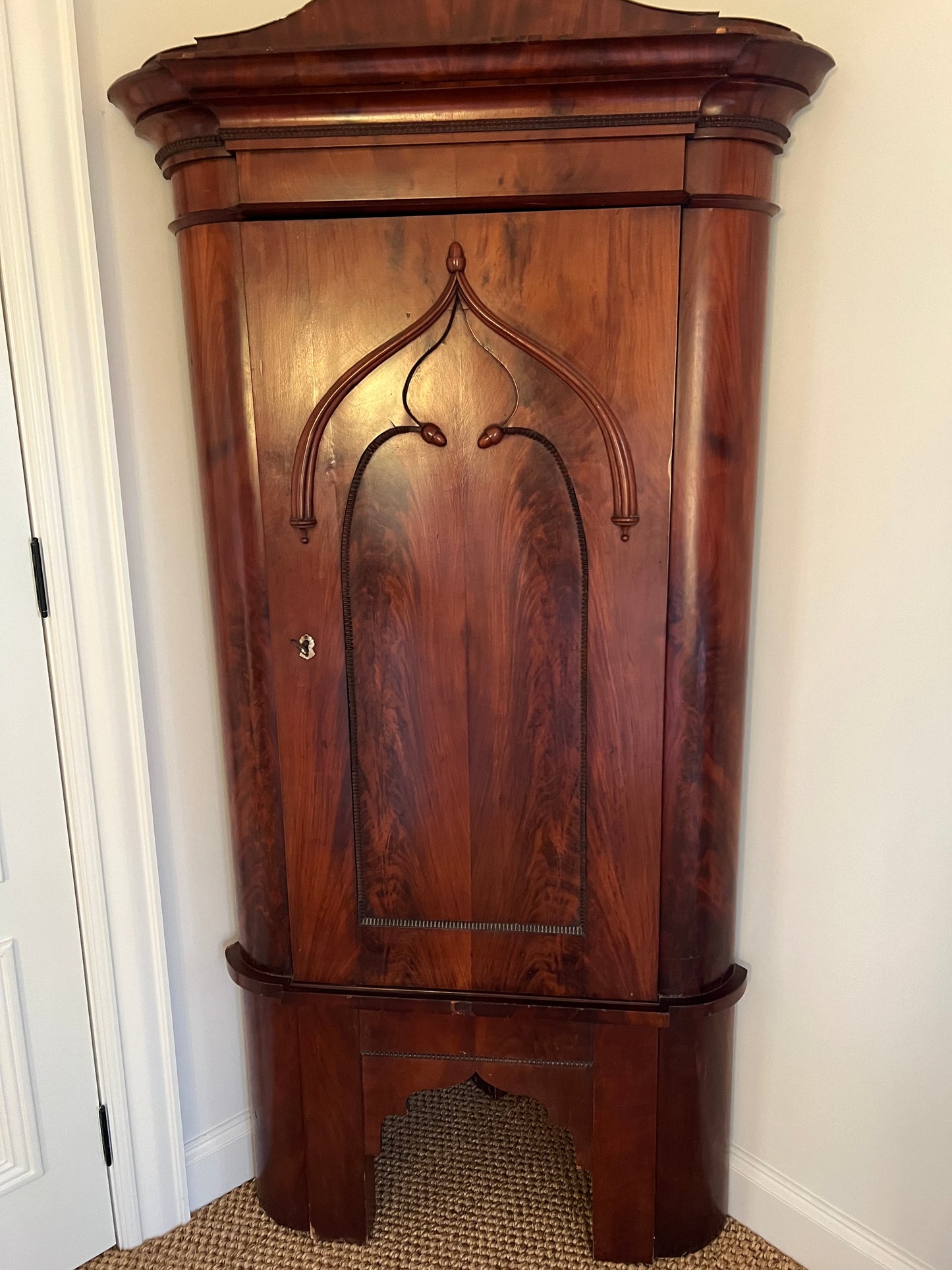 Antique Flambe Mahogany Corner Cabinet