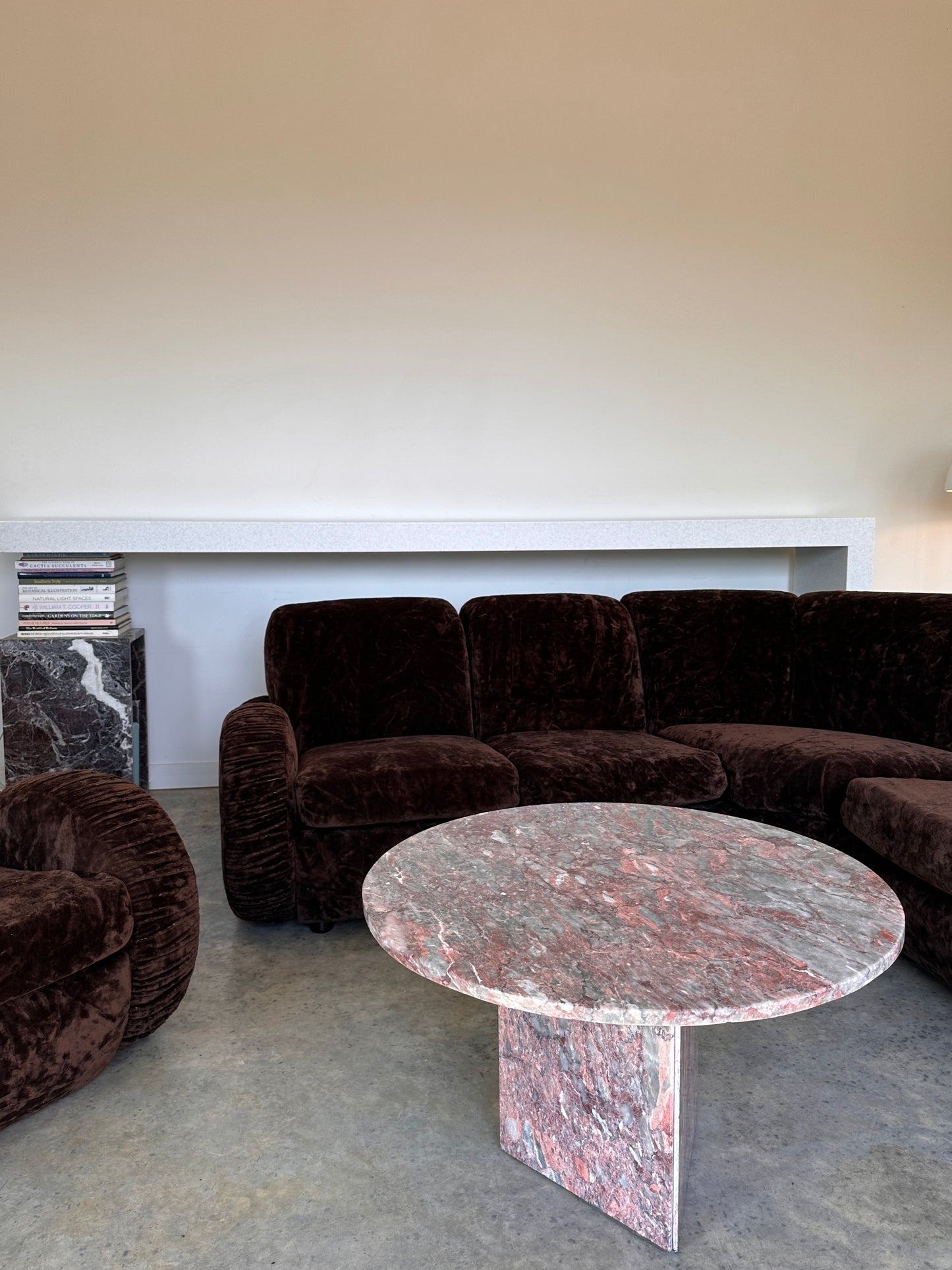 Italian Mid Century Vintage Chocolate Velvet Lounge Suite + Armchair