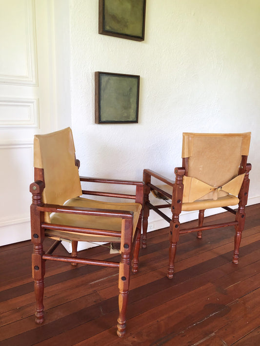 - Vintage Tan Leather Safari Chair - Two Available