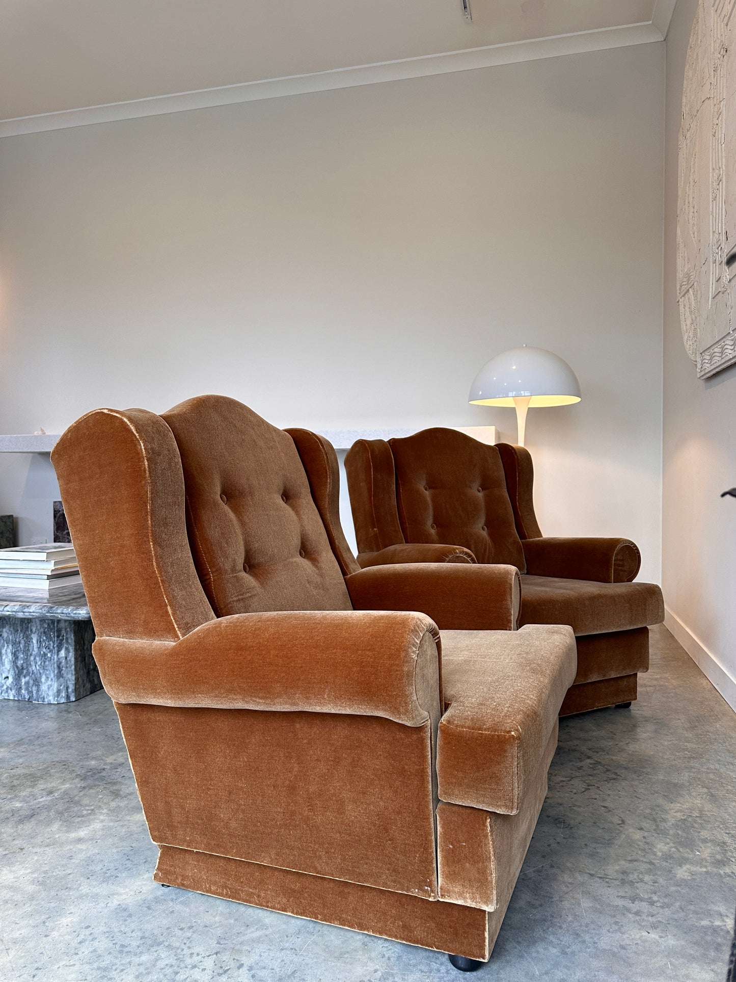 Classic 60's Caramel Velvet Armchairs