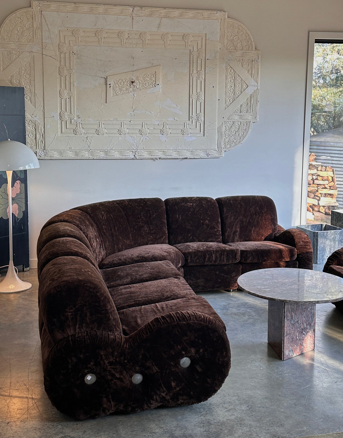 Italian Mid Century Vintage Chocolate Velvet Lounge Suite + Armchair