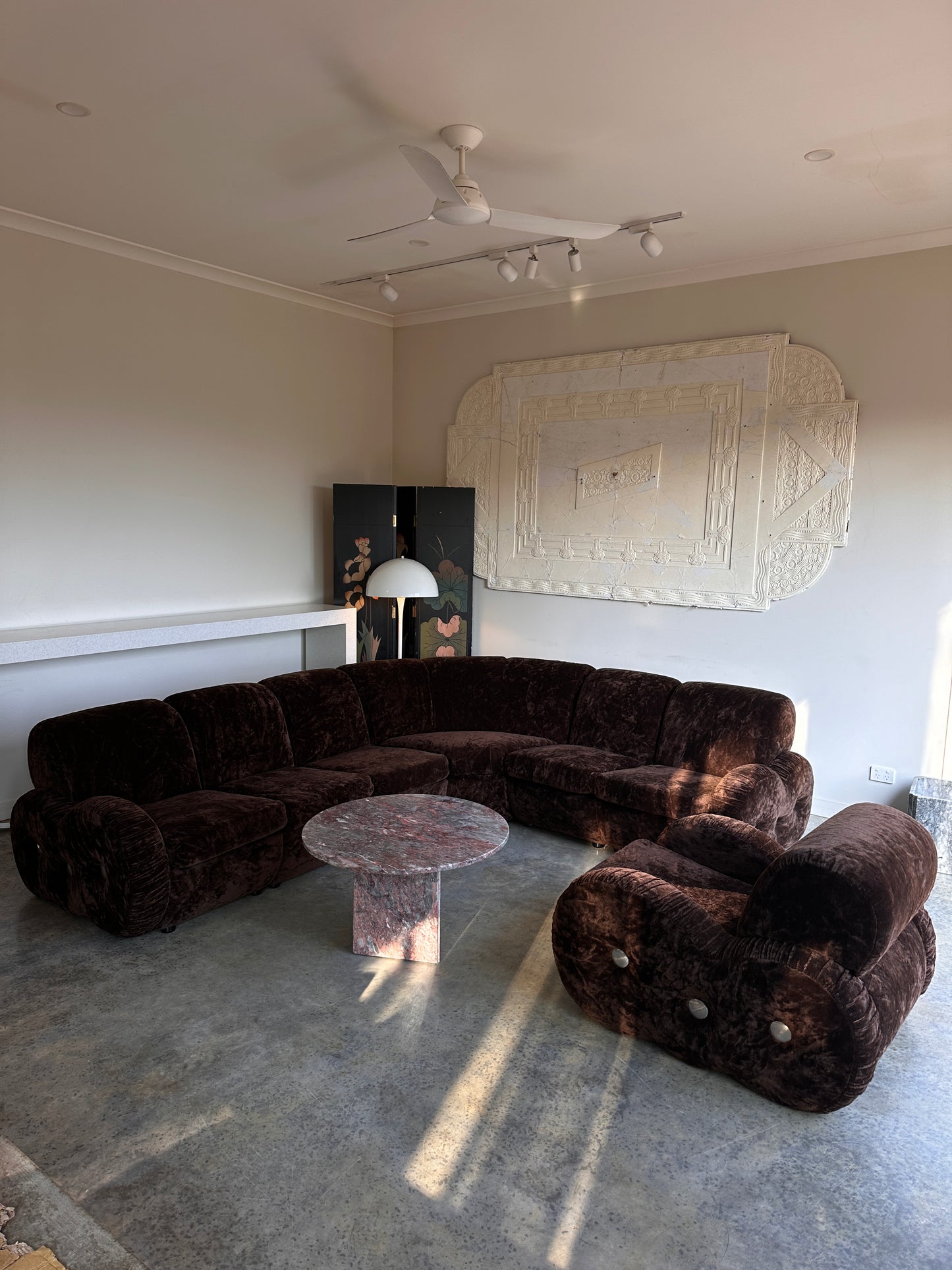 Italian Mid Century Vintage Chocolate Velvet Lounge Suite + Armchair