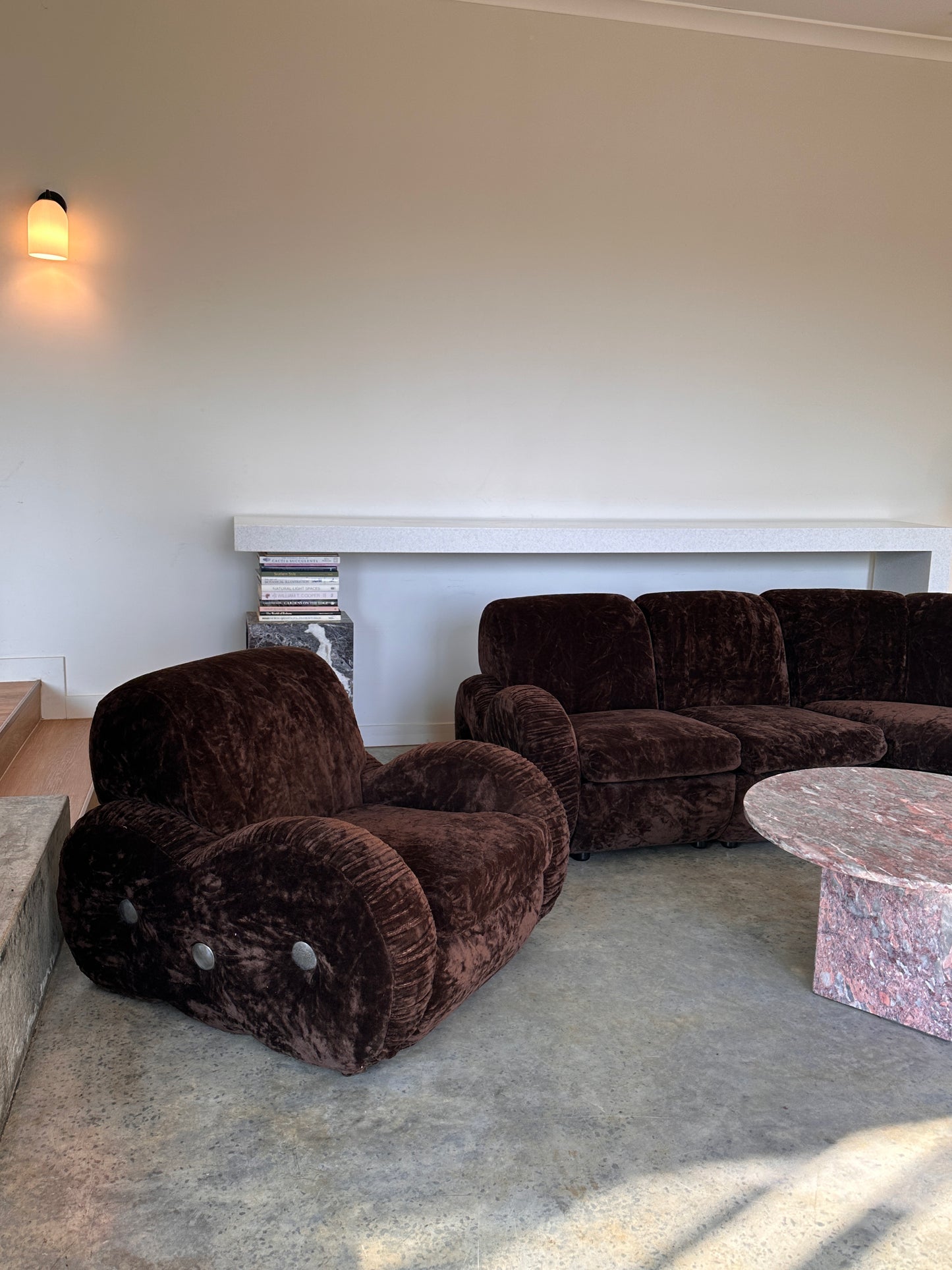 Italian Mid Century Vintage Chocolate Velvet Lounge Suite + Armchair