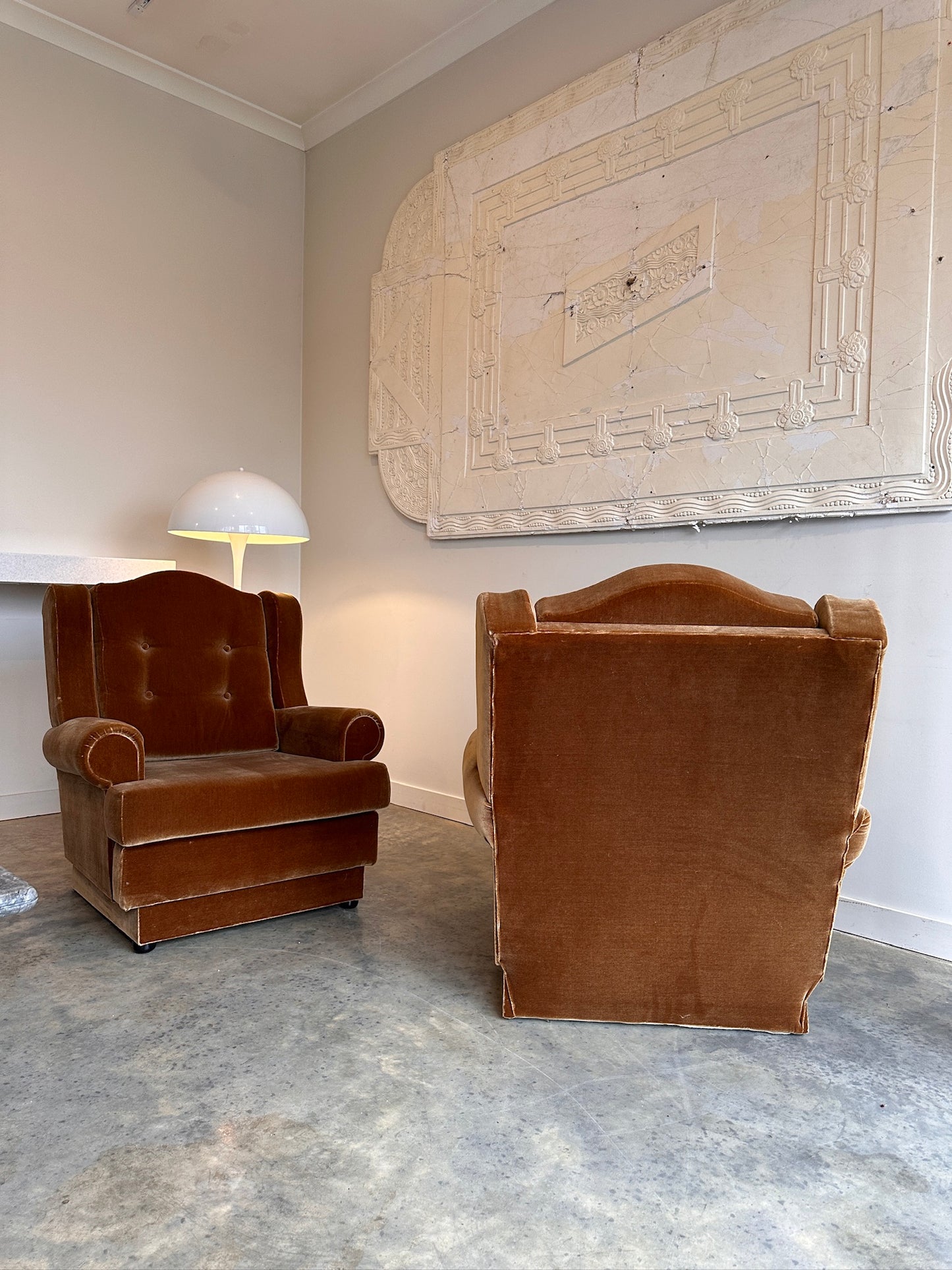 Classic 60's Caramel Velvet Armchairs