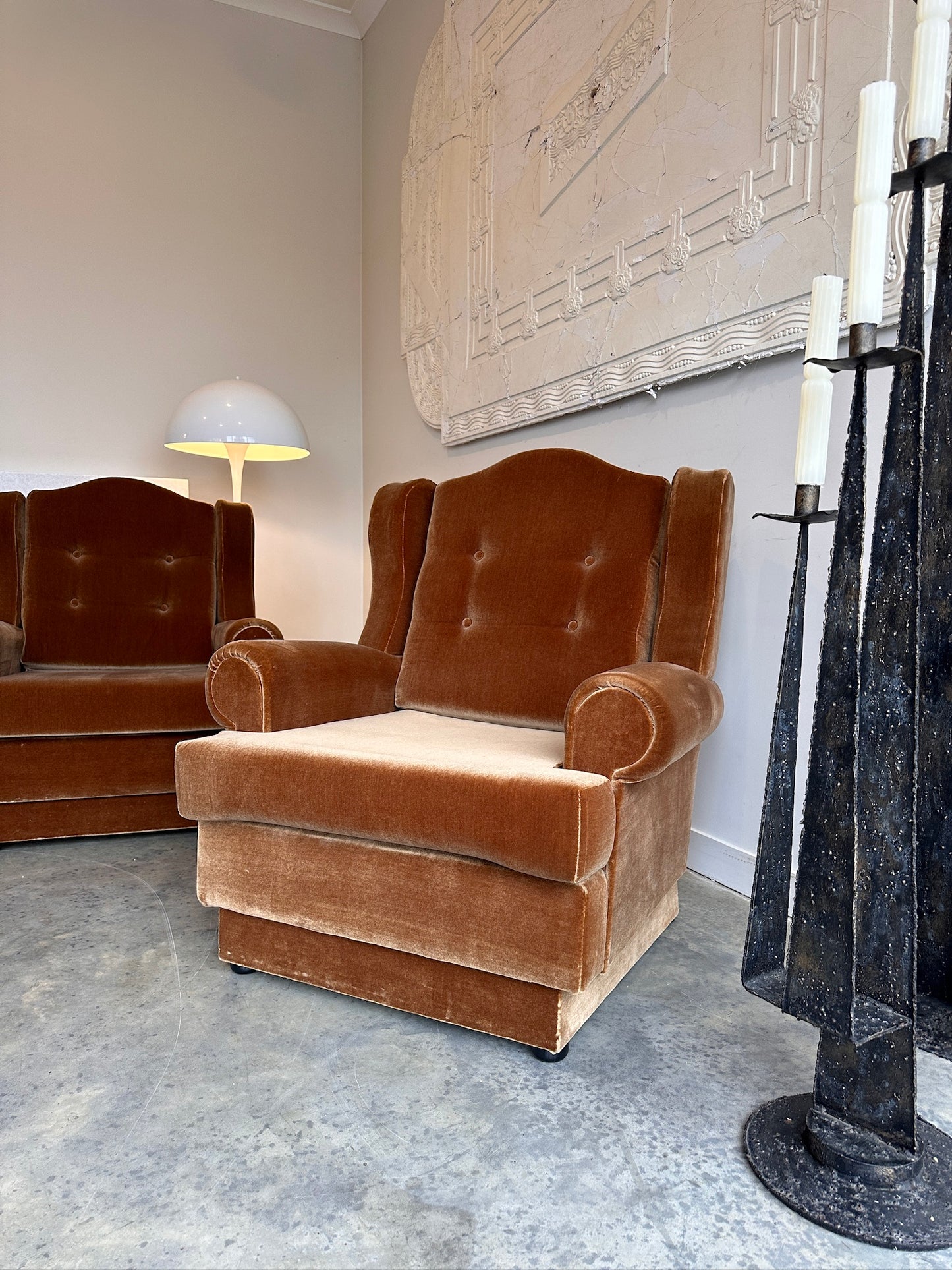 Classic 60's Caramel Velvet Armchairs