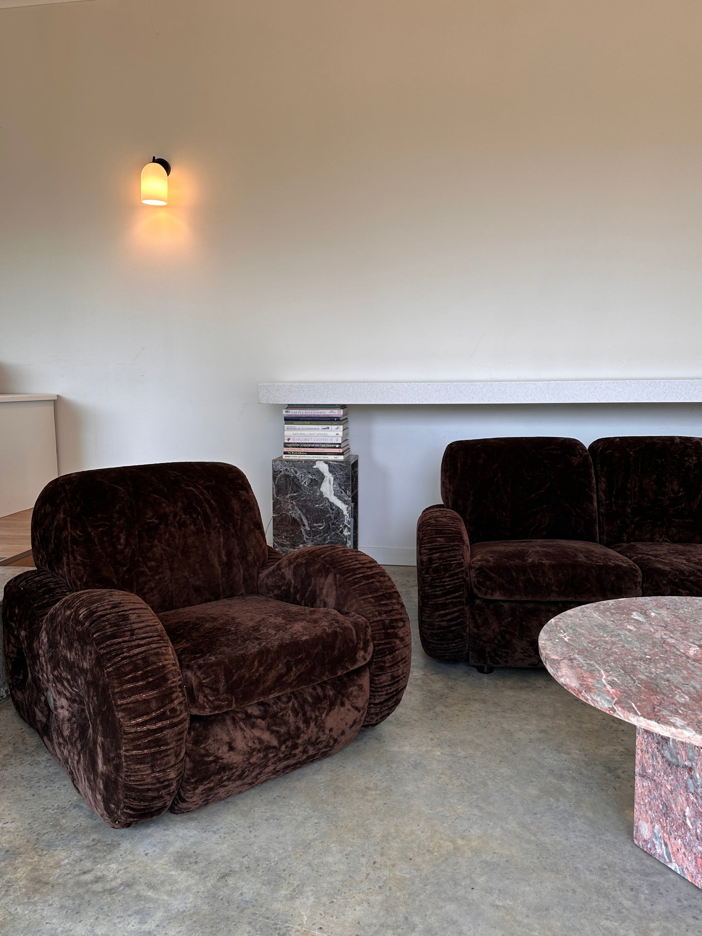 Italian Mid Century Vintage Chocolate Velvet Lounge Suite + Armchair