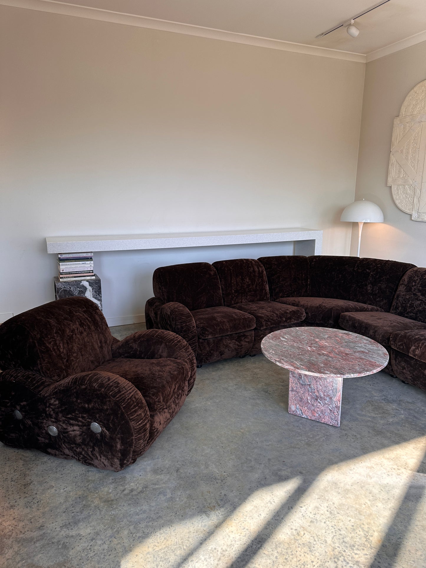 Italian Mid Century Vintage Chocolate Velvet Lounge Suite + Armchair