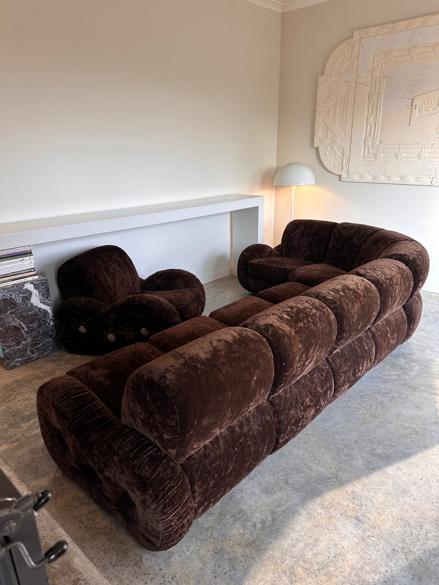 Italian Mid Century Vintage Chocolate Velvet Lounge Suite + Armchair