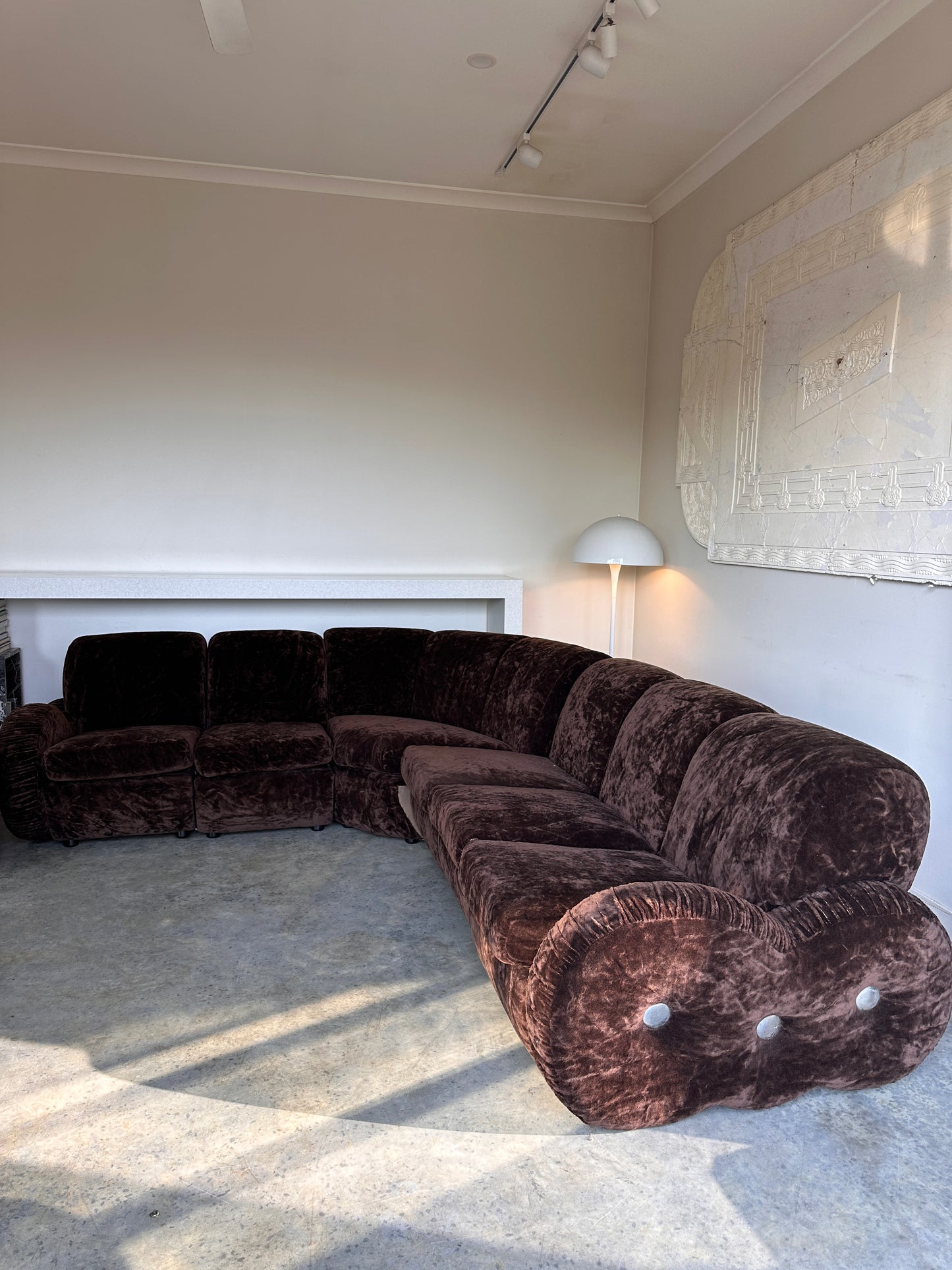 Italian Mid Century Vintage Chocolate Velvet Lounge Suite + Armchair