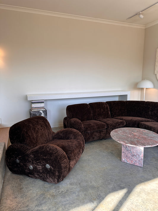 Italian Mid Century Vintage Chocolate Velvet Lounge Suite + Armchair