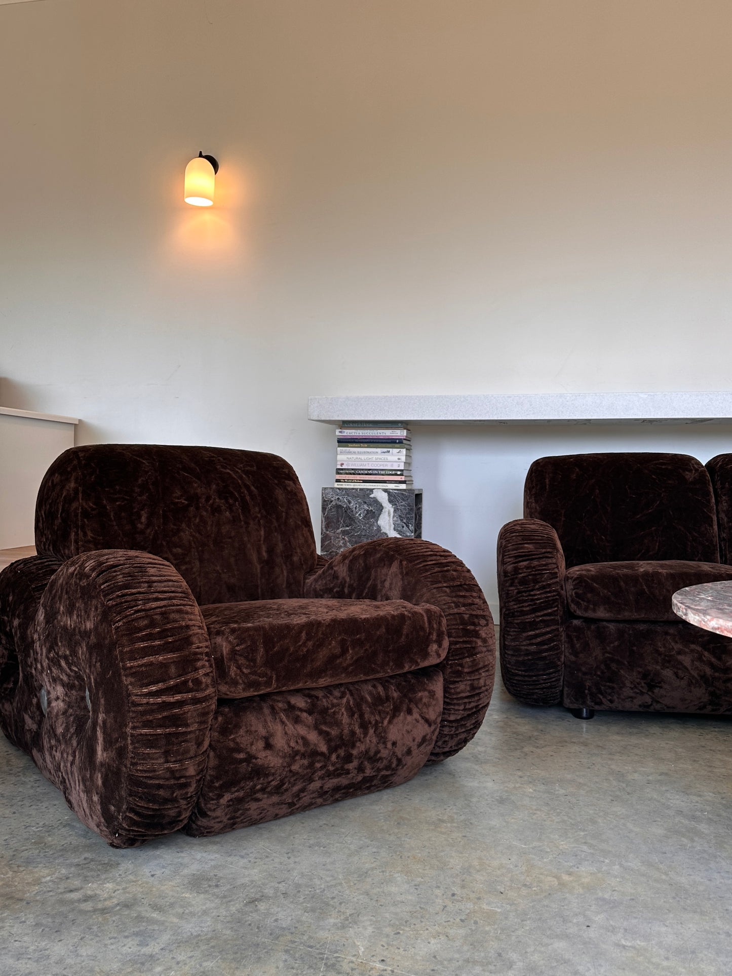 Italian Mid Century Vintage Chocolate Velvet Lounge Suite + Armchair