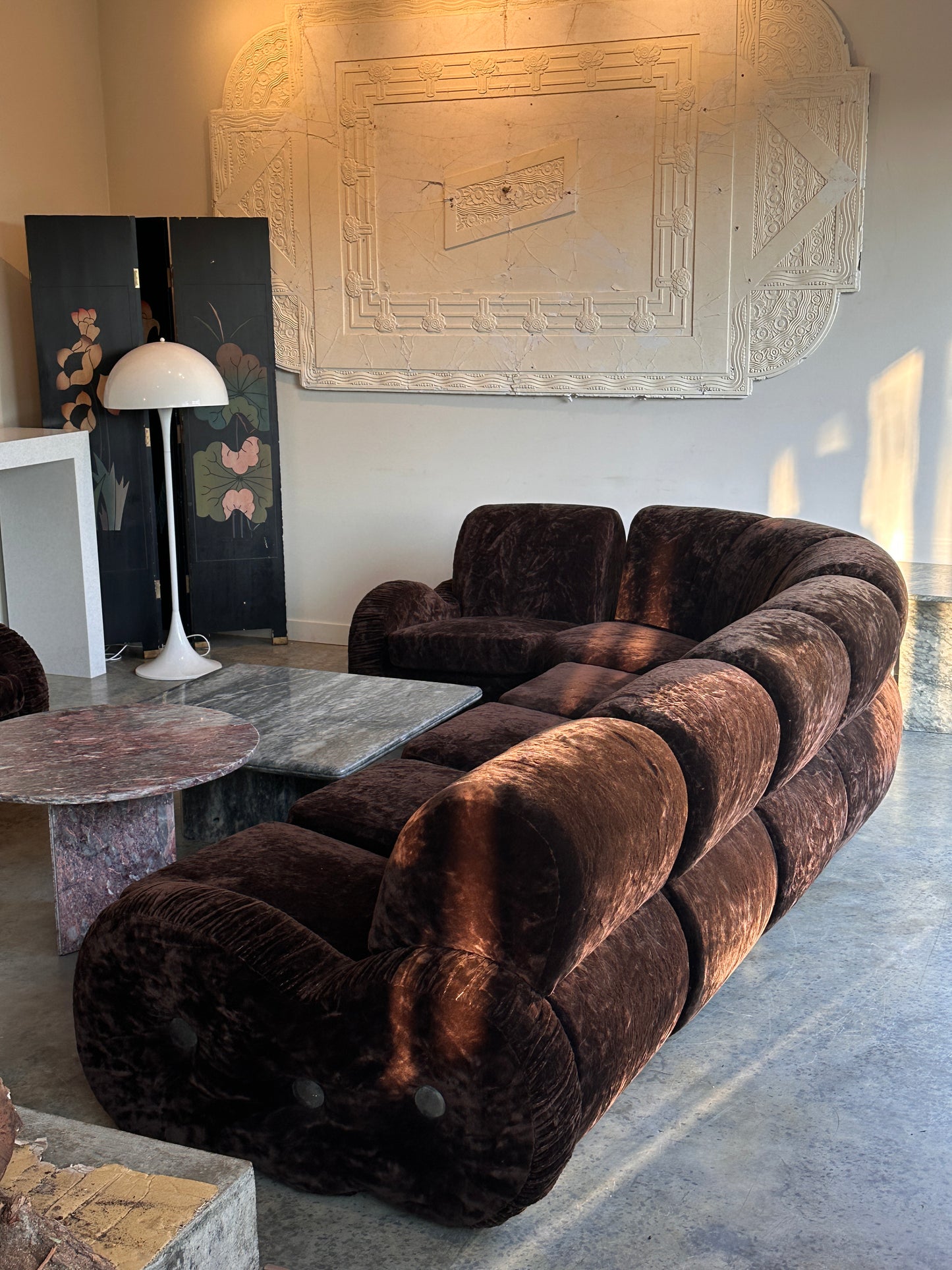 Italian Mid Century Vintage Chocolate Velvet Lounge Suite + Armchair