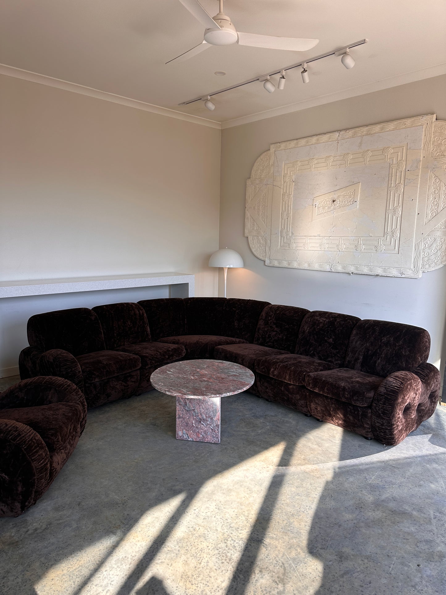 Italian Mid Century Vintage Chocolate Velvet Lounge Suite + Armchair