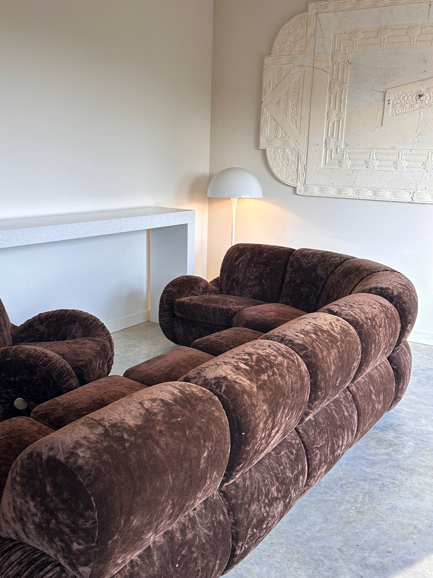 Italian Mid Century Vintage Chocolate Velvet Lounge Suite + Armchair