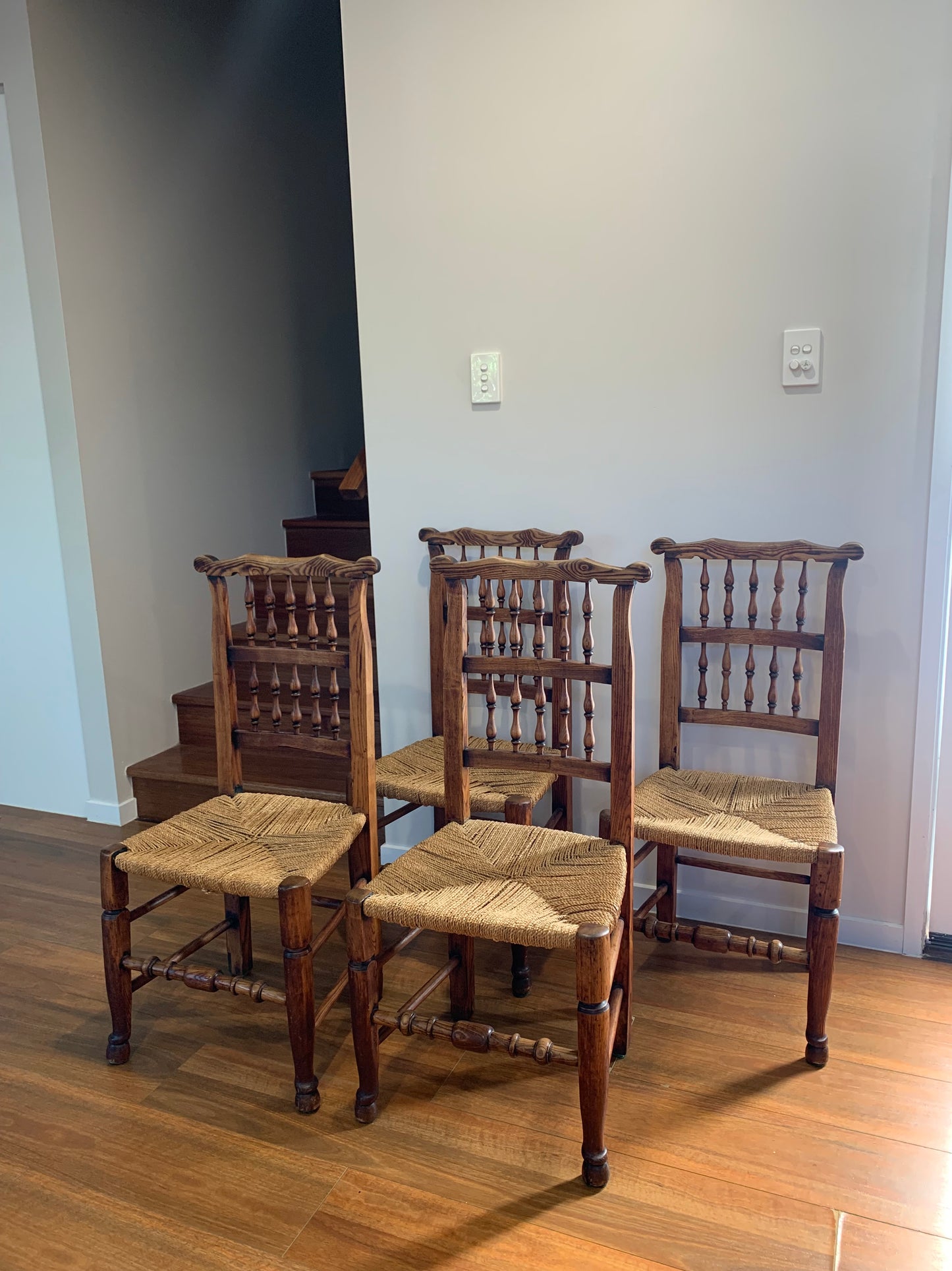 Set of Four Antique English Oak Spindle Back Dining Chairs