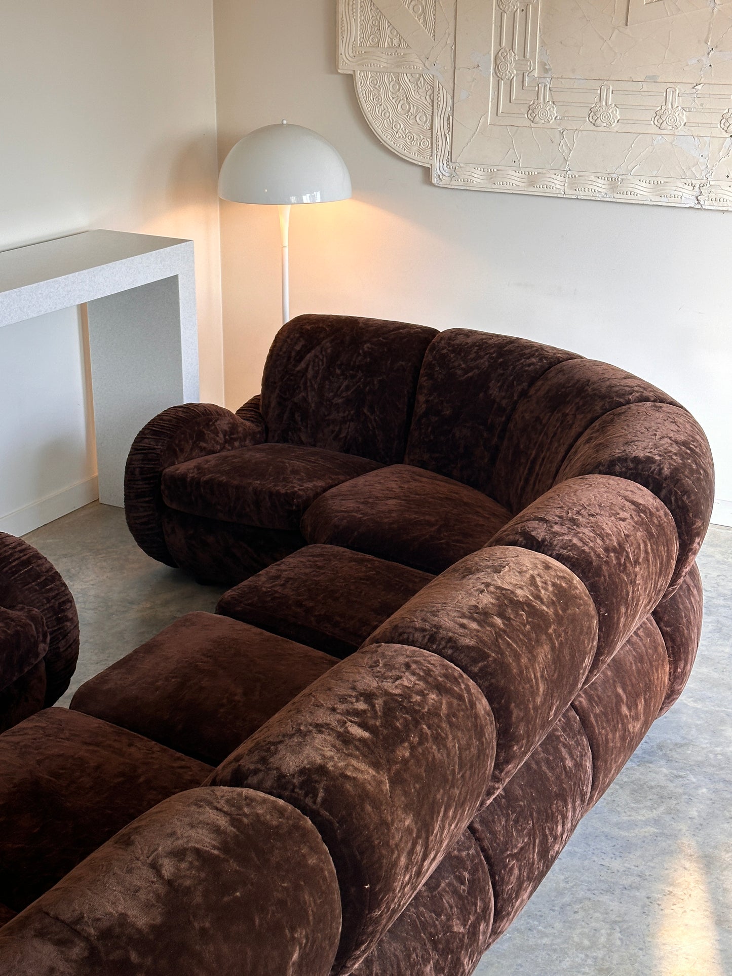 Italian Mid Century Vintage Chocolate Velvet Lounge Suite + Armchair