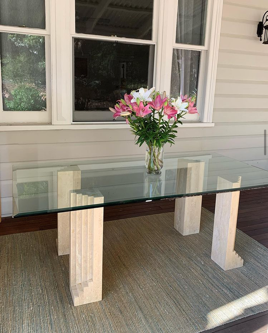 Vintage Travertine & Glass Dining Table