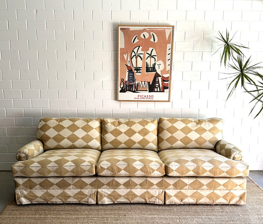 Vintage Cream & Gold Checker Sofa