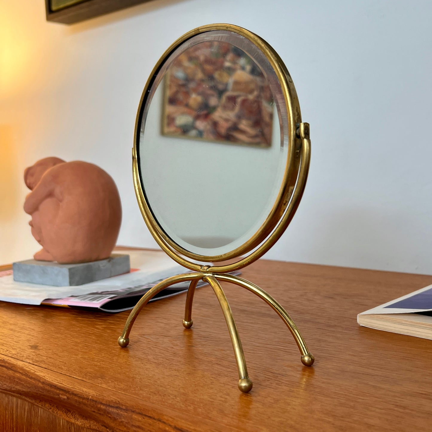 Mid Century Swedish Brass Table Mirror