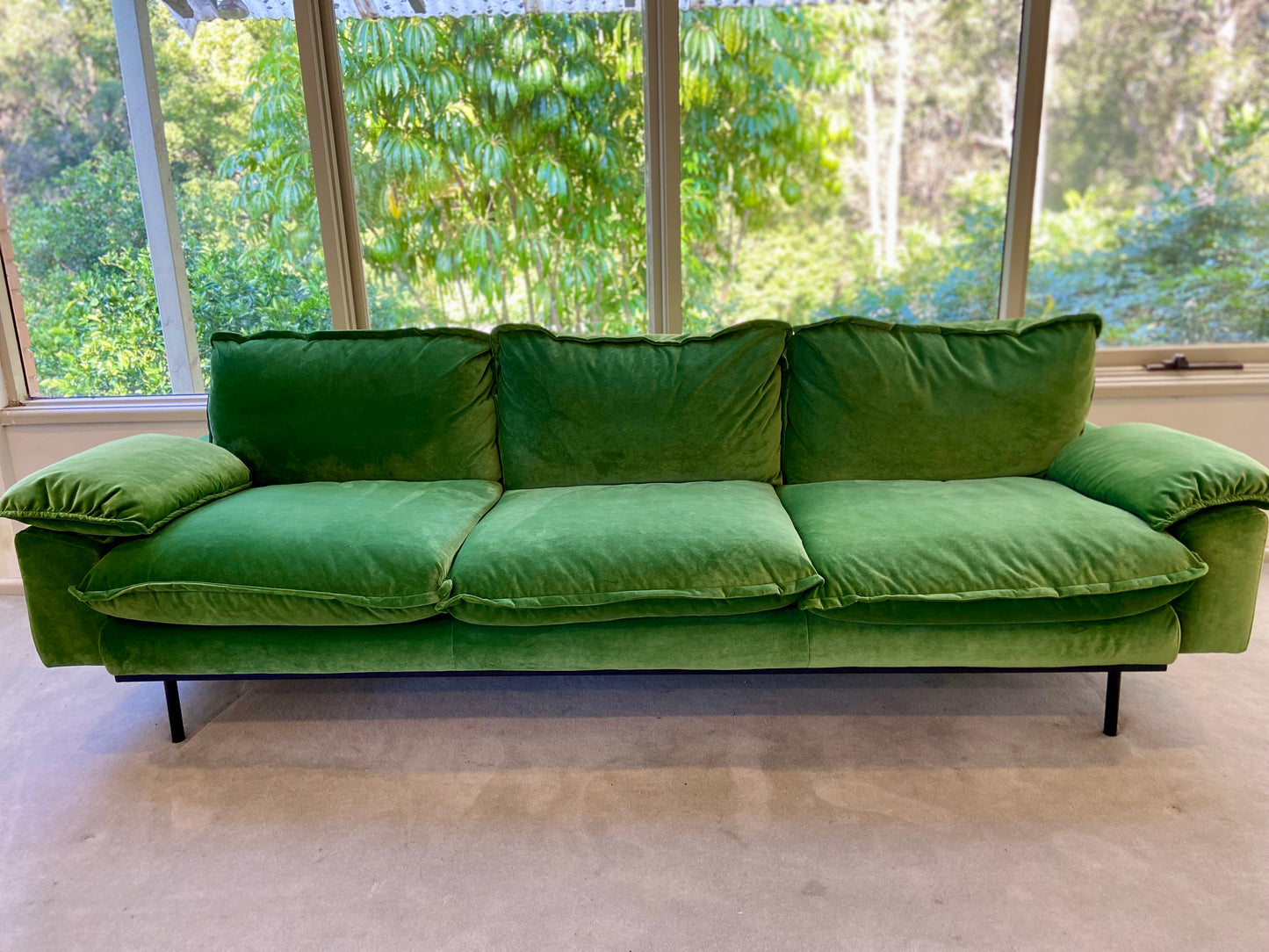 Green Velvet Retro Sofa - Four Seater