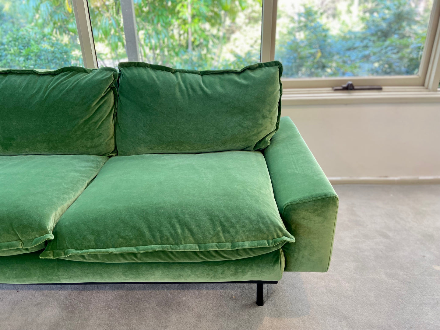 Green Velvet Retro Sofa - Four Seater