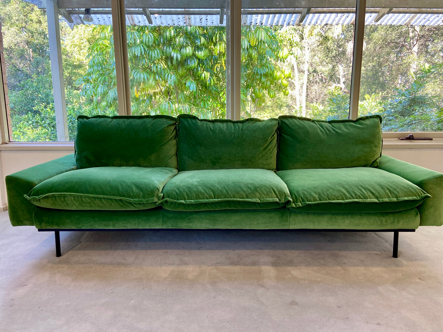 Green Velvet Retro Sofa - Four Seater