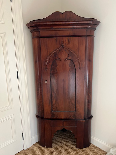 Antique Flambe Mahogany Corner Cabinet