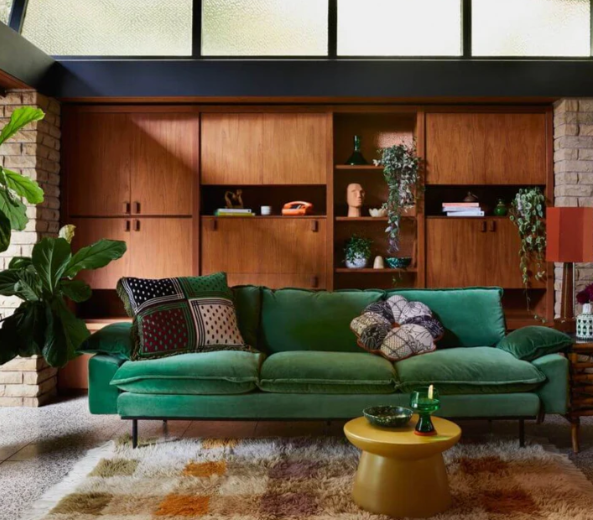 Green Velvet Retro Sofa - Four Seater