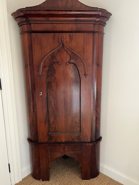 Antique Flambe Mahogany Corner Cabinet