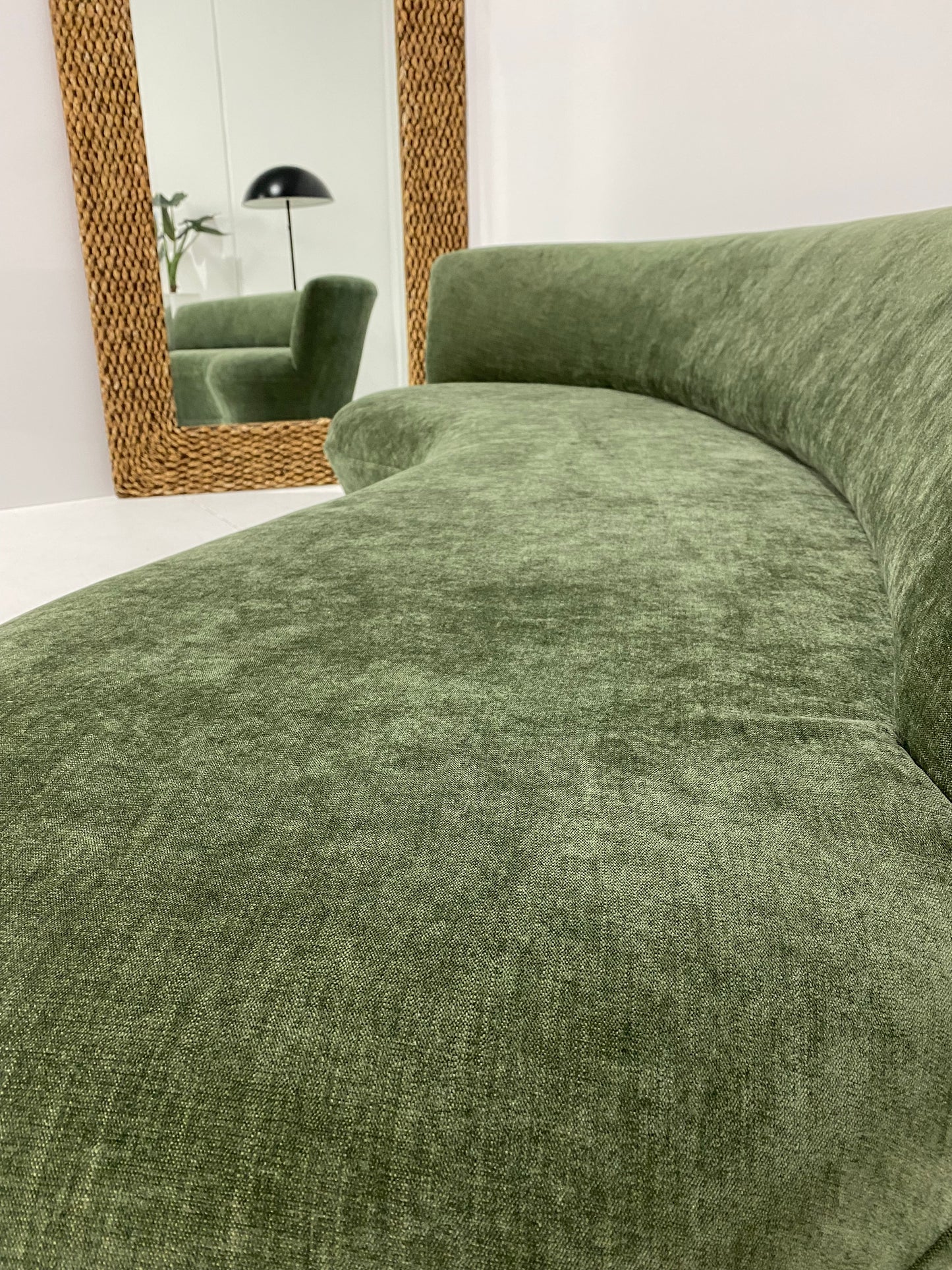 - Vintage Curved Moss Green Sofa