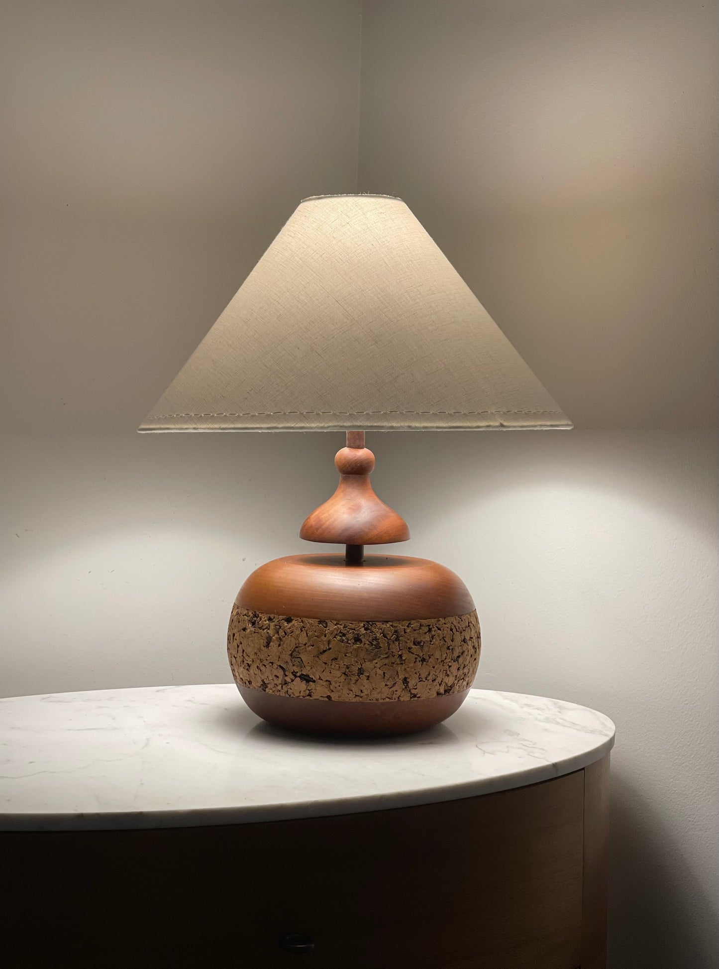 Vintage Timber & Cork Base with Linen Shade Lamp