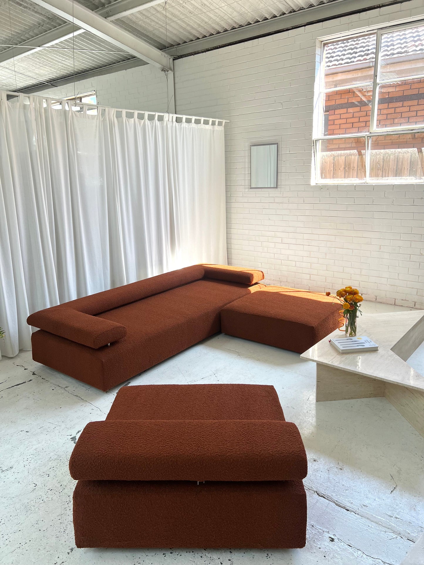 = Bespoke Rust Boucle Sofa - 2 Singles & Ottoman