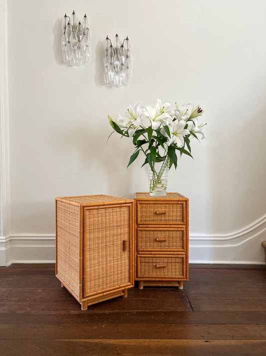 Vintage Bamboo Cane Side Tables - Set of Two