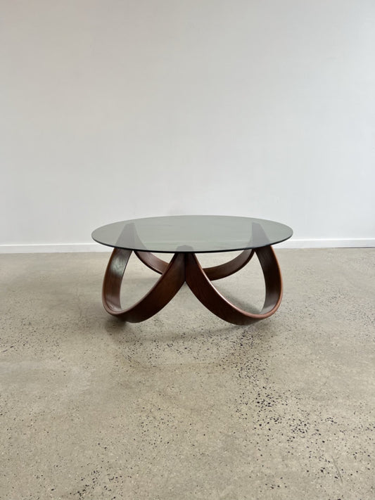 - Italian Mid Century Modern Beechwood Curved Base with Smoked Glass Coffee Table