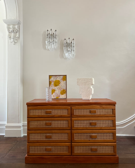 Solid Timber Sideboard / Drawers With Rattan Inserts