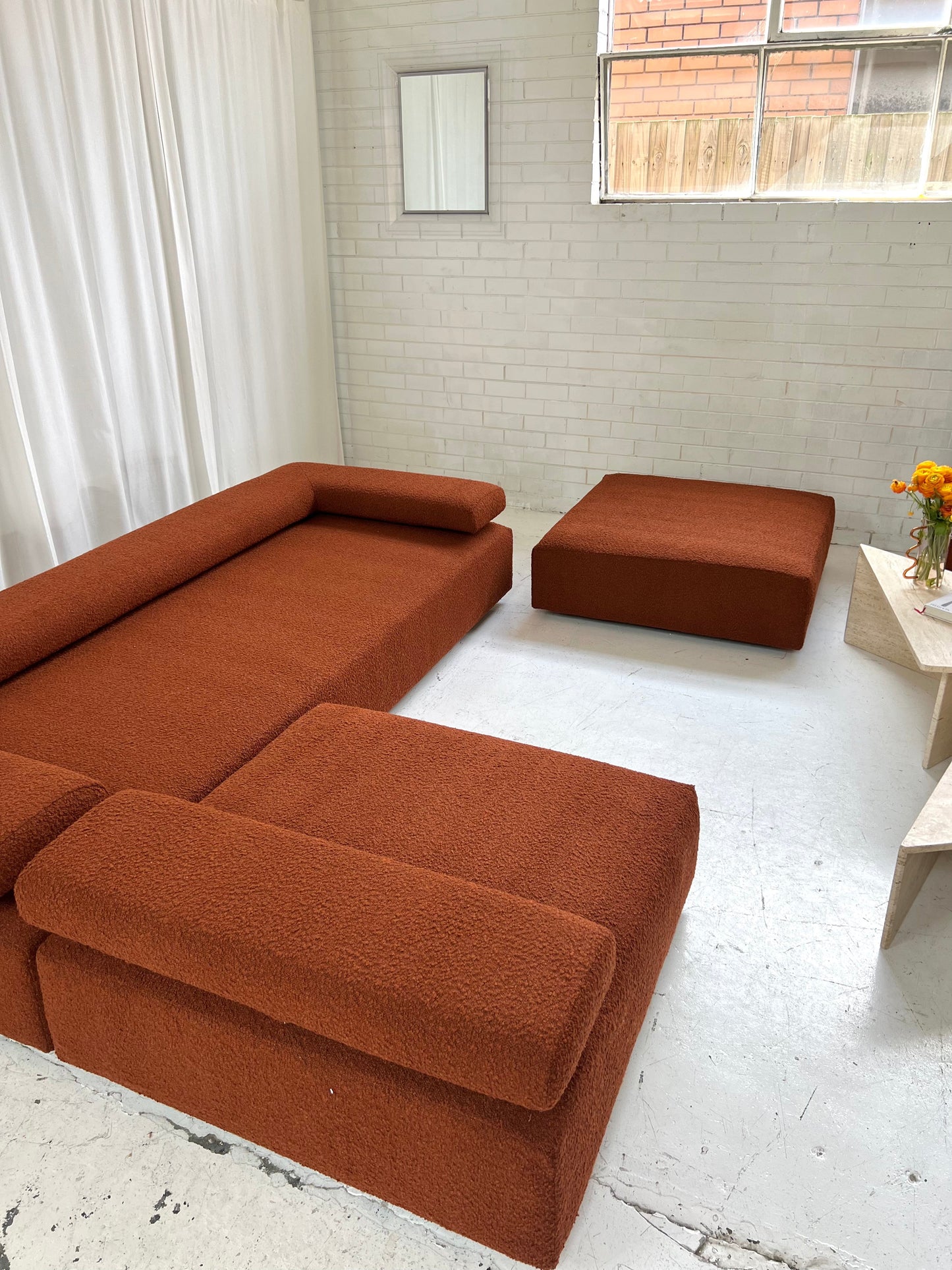 = Bespoke Rust Boucle Sofa - 2 Singles & Ottoman